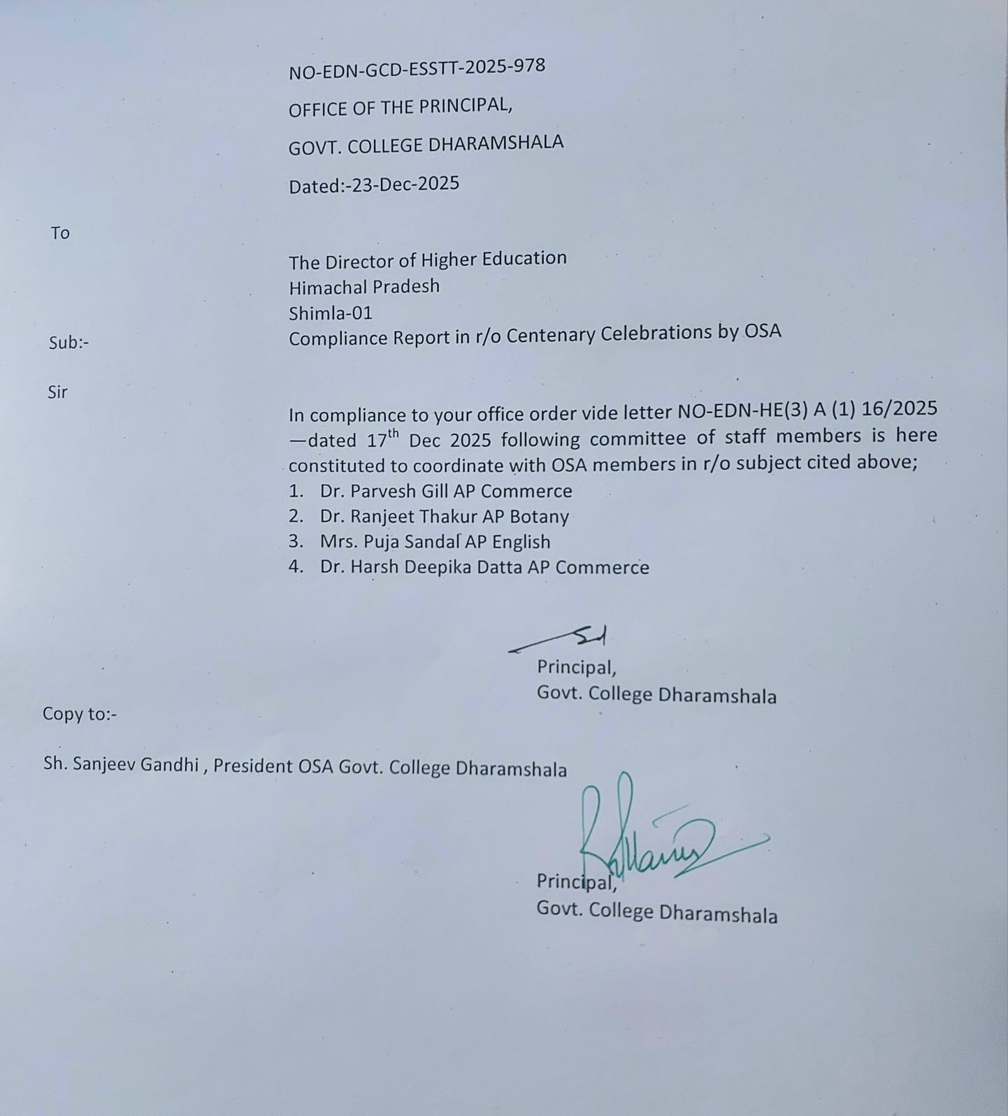 Principal letter for OSA Present Executive Committee on Strategy Formulation