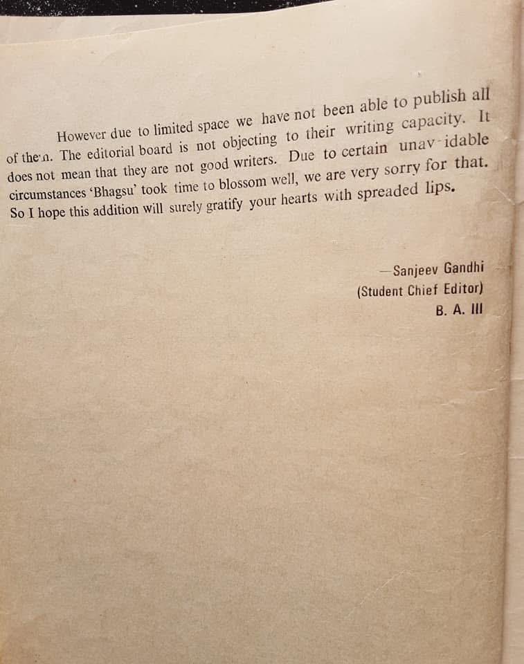 Closing editorial note signed by Sanjeev Gandhi, Student Chief Editor, B.A. III.