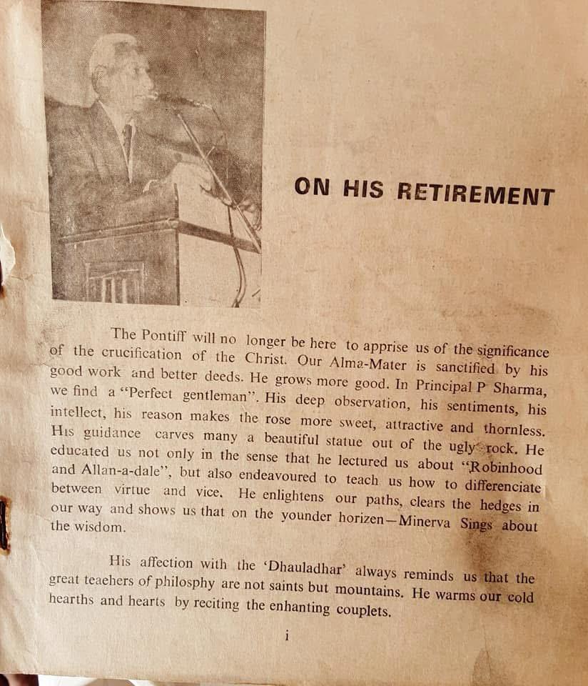 Opening tribute page from The Bhagsu dedicated to Principal P. Sharma on his retirement.